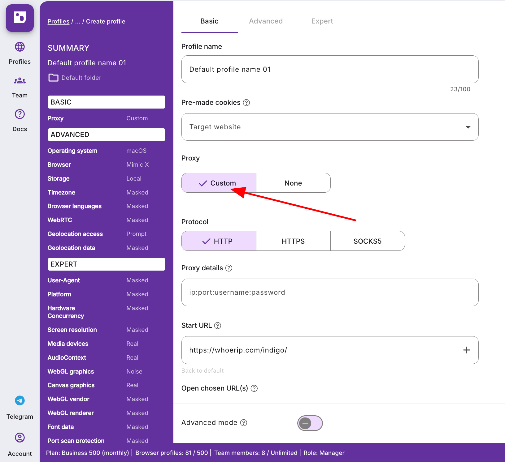 Custom Proxy Settings