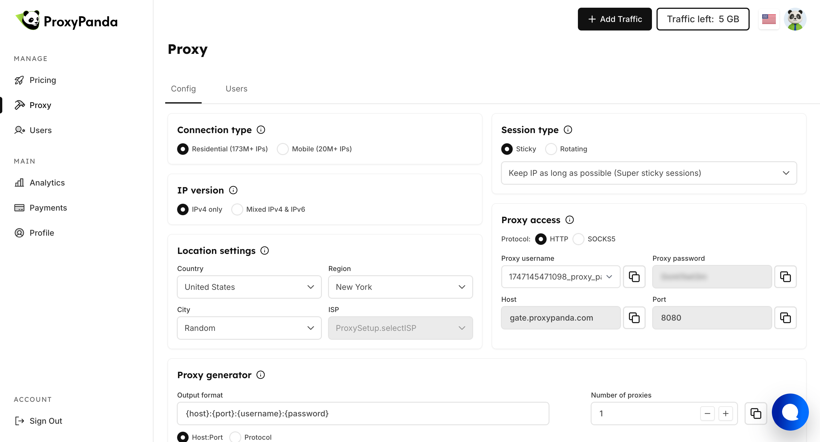 ProxyPanda proxies section