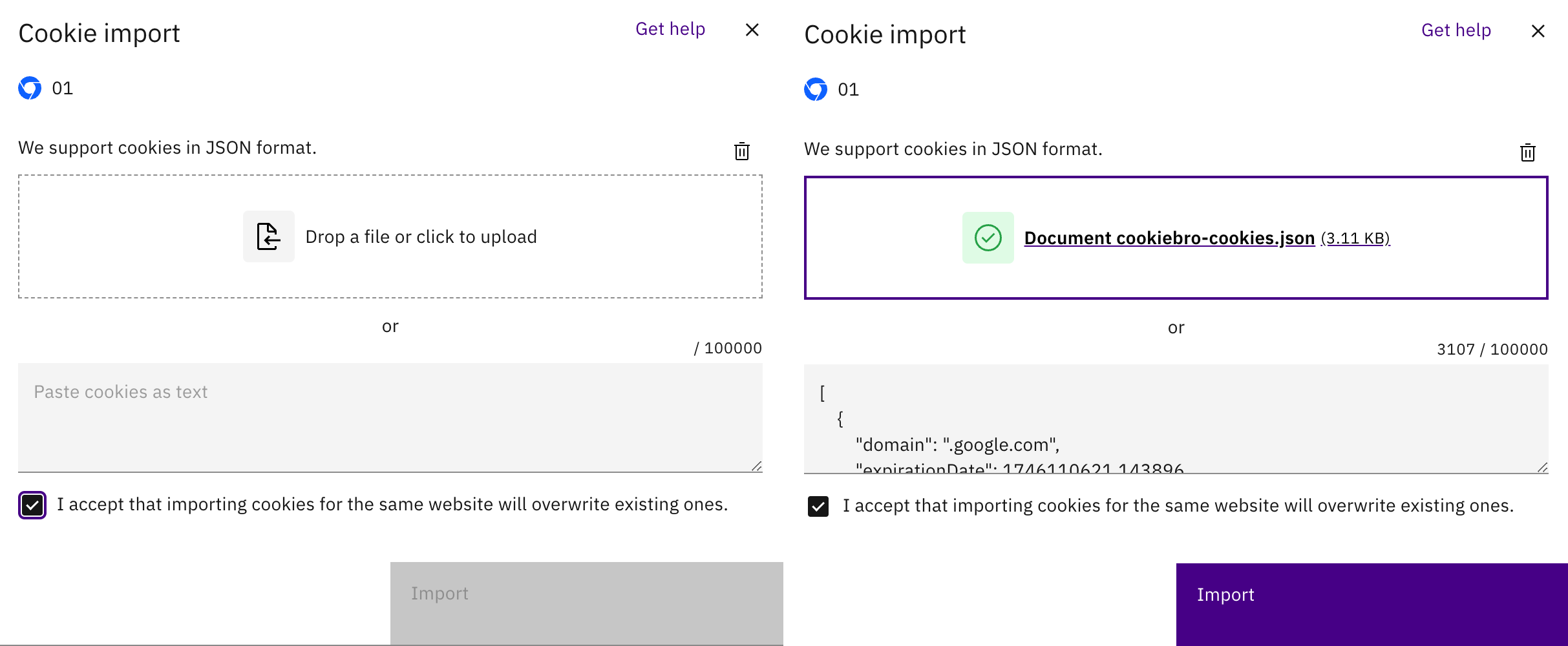 Cookie import options