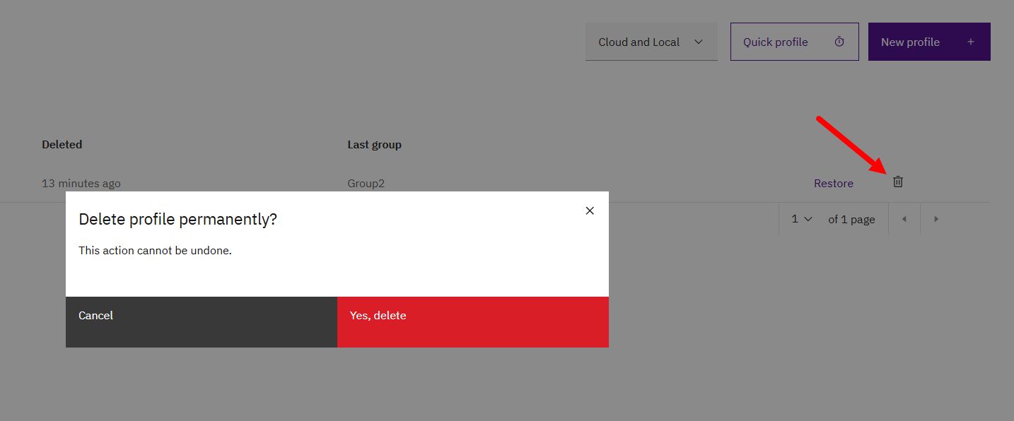Permanent profile deletion warning