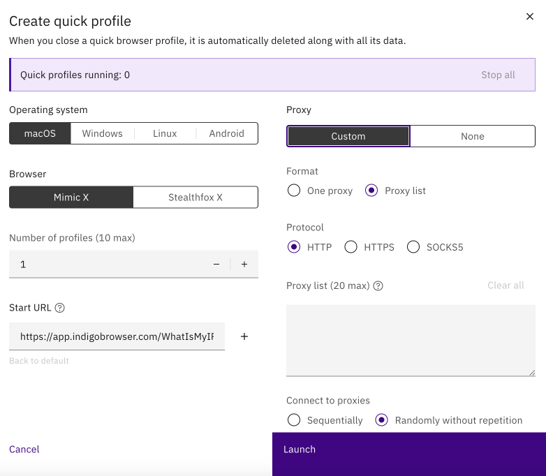 Creating a quick profile in Indigo X