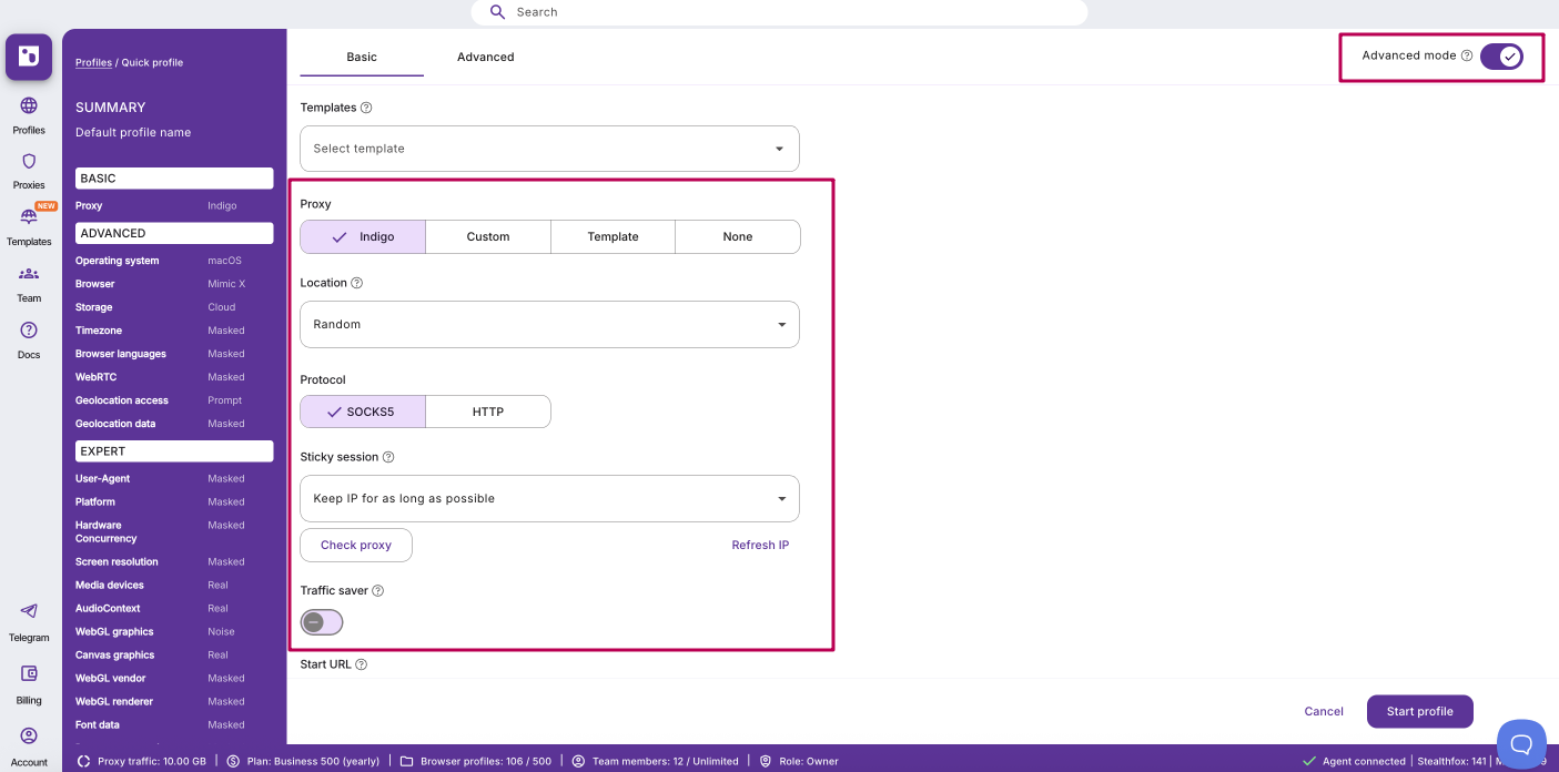 Quick profile: basic and advanced proxy options