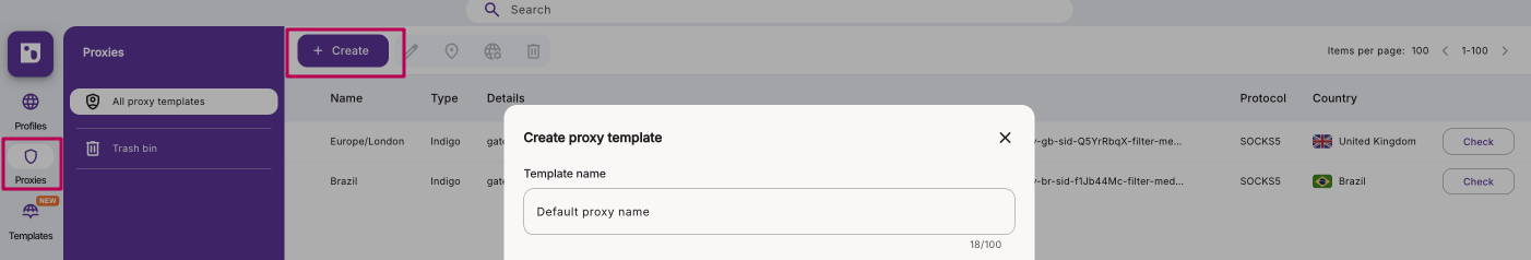 Proxy template manager main view with Create button and template name field