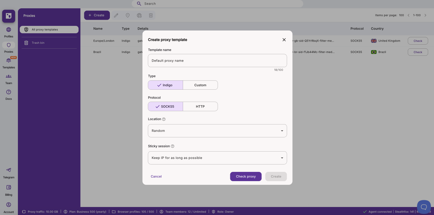 Indigo proxy type with protocol, location and IP rotation settings