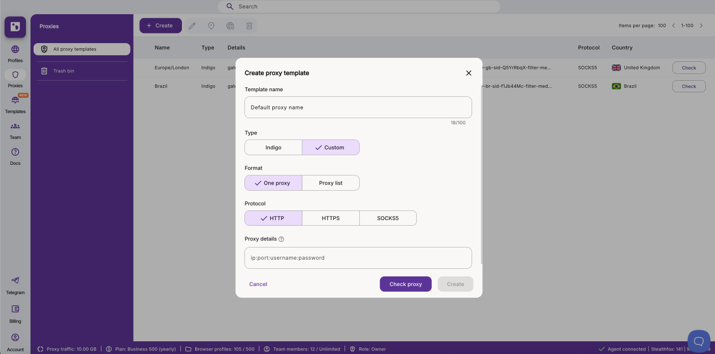 Custom one proxy format with protocol selection and credentials fields