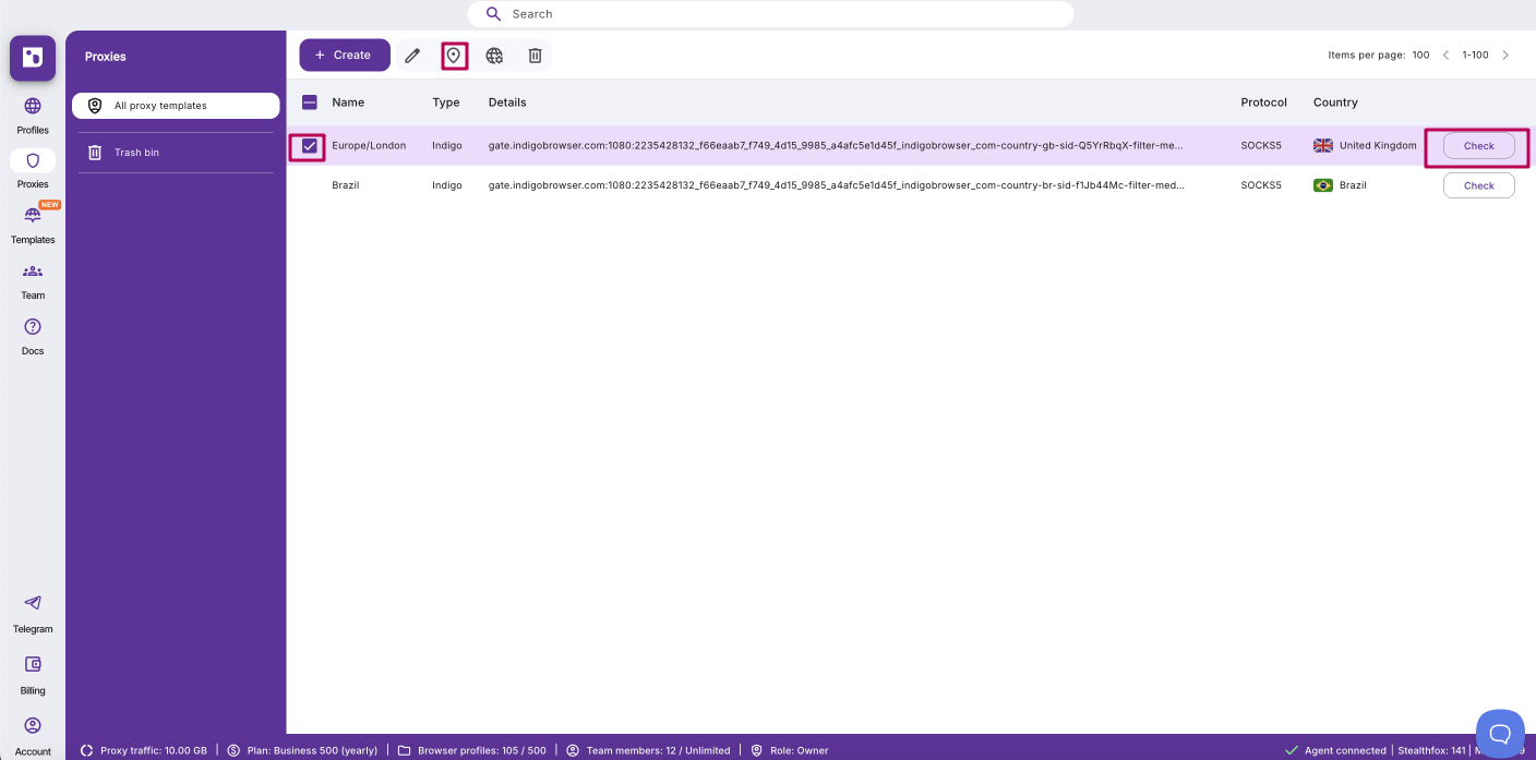 Template list with Check proxy action and results