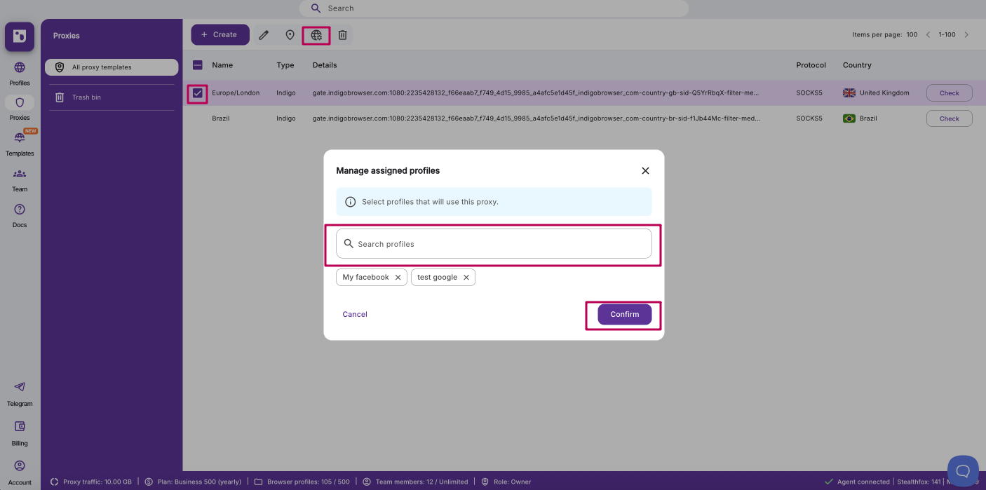 Manage assigned profiles flow for a selected proxy template