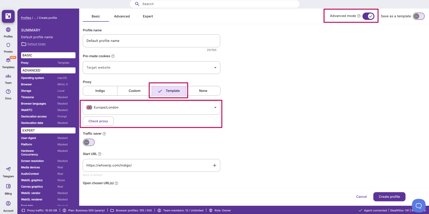 Profile settings with Proxy Template selector and Advanced mode