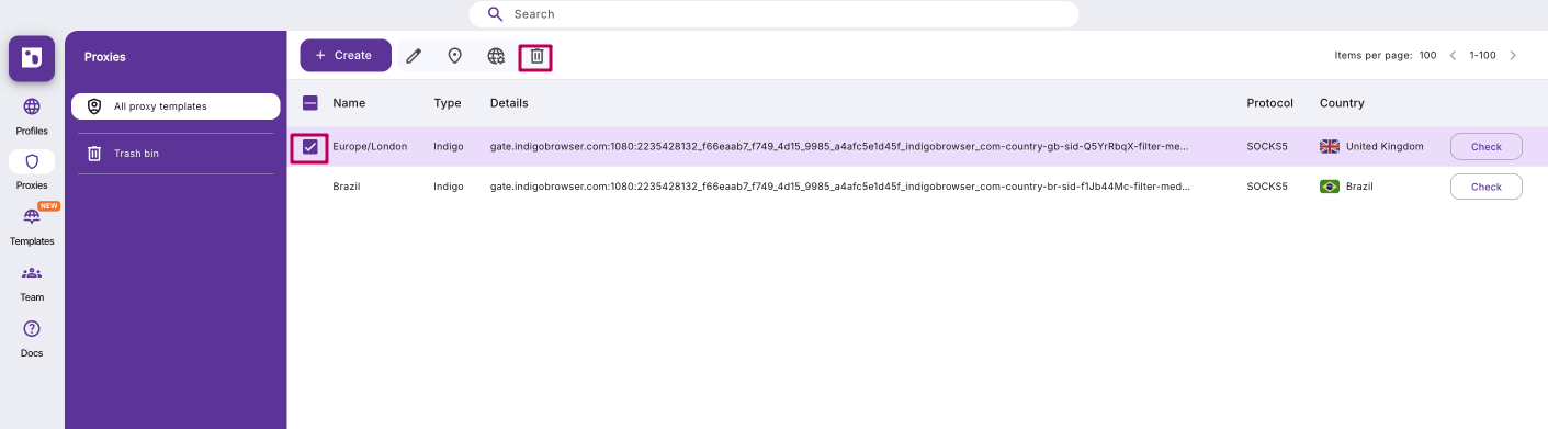 Moving a proxy template to Trash bin and restoring or deleting it