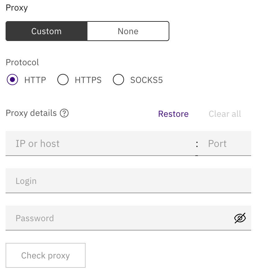 Proxy setup interface in Indigo X