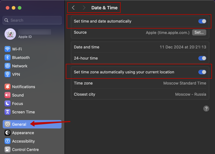macOS time settings