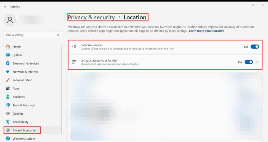 Windows location settings