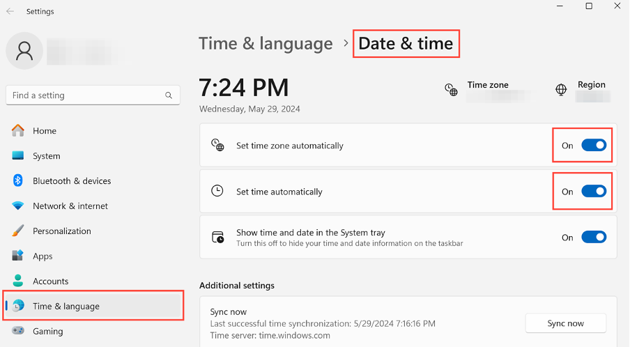 Windows time settings